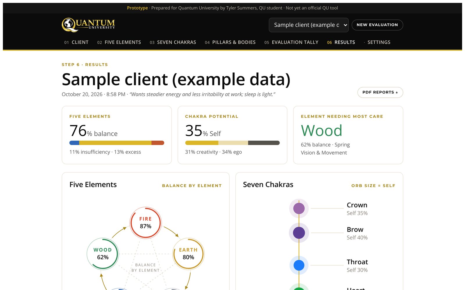 Results with balance scores and the Five Elements wheel